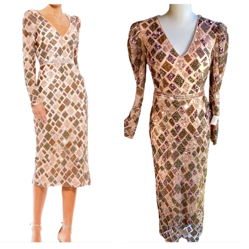 NWT Mac Duggal Geo Embellished Midi Sheath Dress in Peach B282
